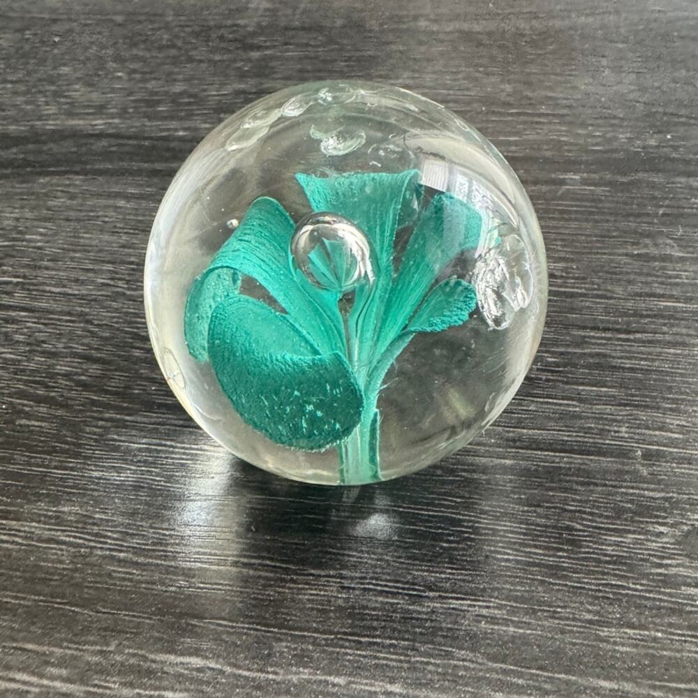 Vintage Hand Blown Glass Teal Blue Green Flower Paper Weight